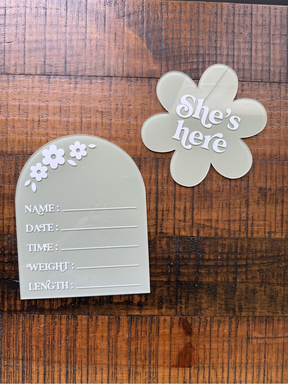 Neutral Sage Baby Announcement Set - "She's Here" Flower + Info Board